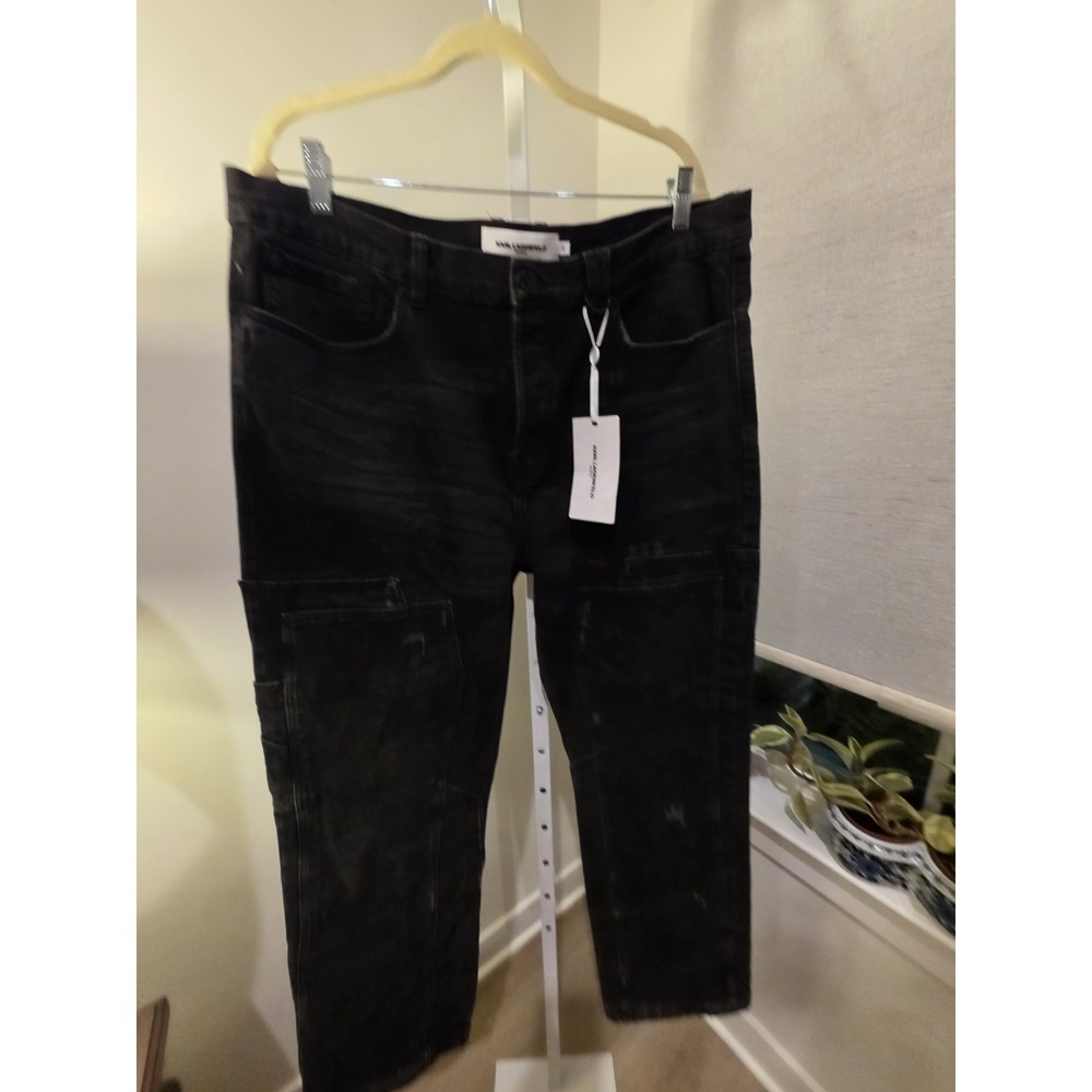 NWT Karl Lagerfeld Paris Cargo Utility Moto Patch Black 5 Pocket Jeans Sz. 38